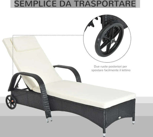 Lettino-Prendisole-da-Giardino-con-Ruote,-Sedia-a-Sdraio-per-Spiaggia-con-Altezza-Regolabile-in-Rattan,-Nero-e-Crema,-200x73x103cm--862-005BK