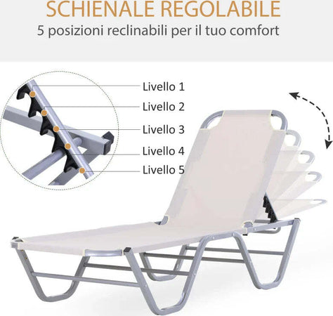 Lettino-Prendisole-in-Alluminio-con-Schienale-Reclinabile-a-5-Livelli,-163x58.5x91cm,-Crema-84B-386CW
