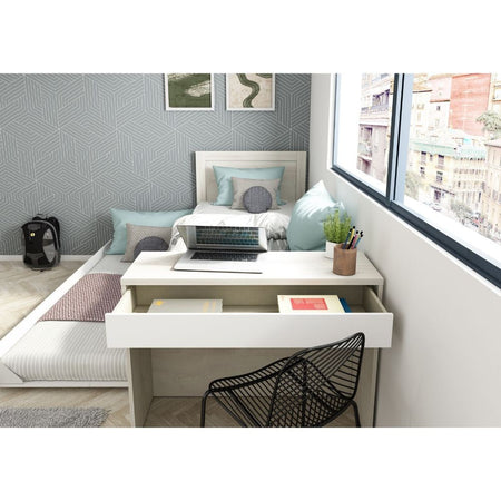 Letto 1950 con scrivania integrata e letto estraibile reversibile bianco vintage e bianco