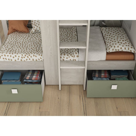 Letto a castello 1268 bianco vintage e verde con armadio e cassetti reversibili