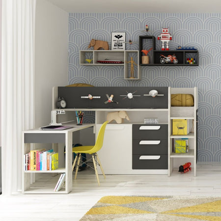Letto a soppalco 6020 bianco antracite con scrivania estraibile reversibile