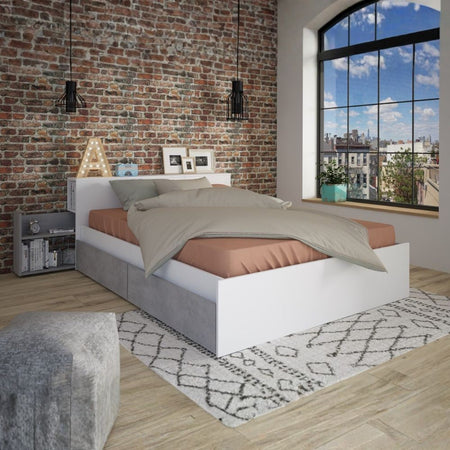 Letto contenitore 1566 alla francese con 4 cassettoni e comodini estraibili colore bianco e cemento
