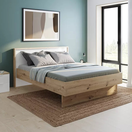 Letto moderno matrimoniale "Mundi" struttura in legno rovere e bianco con spalliera