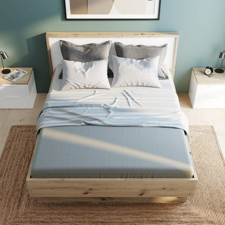 Letto moderno matrimoniale "Mundi" struttura in legno rovere e bianco con spalliera