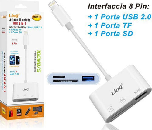 Lettore Schede Memory Card Otg 3in1 Interfaccia Lightning A Micro-sd/tf/usb Ith518 Elettronica/Cellulari e accessori/Accessori/Cavi e adattatori/Cavi Lightning Trade Shop italia - Napoli, Commerciovirtuoso.it