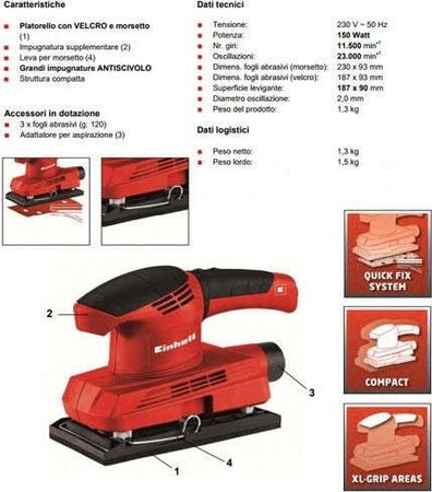 Levigatrice Orbitale Elettrica 2mm Einhell Th-os1520 150w Palmare Professionale Fai da te/Utensili elettrici e a mano/Utensili elettrici/Levigatrici/Levigatrici rotoorbitali Trade Shop italia - Napoli, Commerciovirtuoso.it