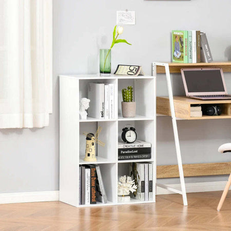 Libreria-Bianca-per-Casa-e-Ufficio,-Scaffale-dal-Design-Moderno-con-6-Scomparti-in-Legno,-91.5x29.5x61.5cm-HY9833-423WTHY9
