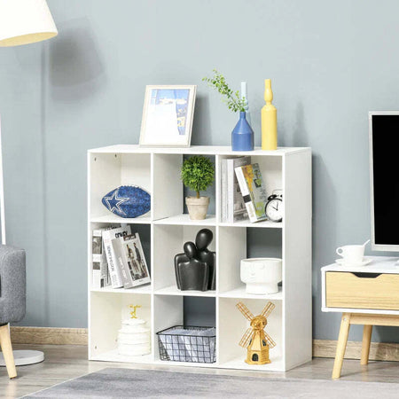 Libreria-Bianca-per-Casa-e-Ufficio,-Scaffale-dal-Design-Moderno-con-9-Scomparti-in-Legno,-91.5-x-29.5-x-91.5-cm-VB3833-422WTVB3