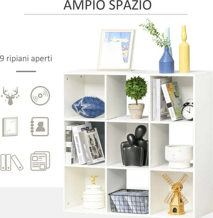 Libreria-Bianca-per-Casa-e-Ufficio,-Scaffale-dal-Design-Moderno-con-9-Scomparti-in-Legno,-91.5-x-29.5-x-91.5-cm-VB3833-422WTVB3