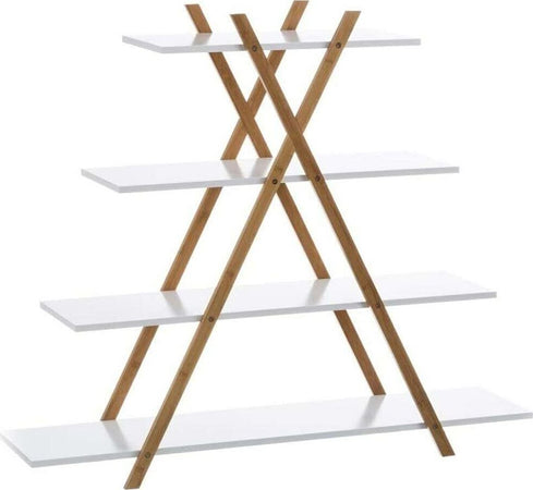 Libreria-Design-Moderno-Scaffale-4-Ripiani-Legno-MDF-e-Bambu-Casa-Ufficio-Bianco