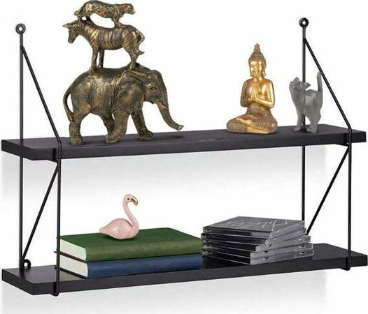 Libreria-Mensole-Scaffale-Parete-Design-Moderna-Legno-Metallo-2-Ripiani-Nero