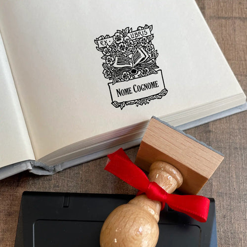 Timbro Ex Libris Fiori su Libro - 30x40 mm
