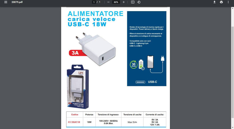 Life Alimentatore Switch Carica Veloce Usb Tipo C 18w 5v 3a Max 100/240vac Bianco Alimentatore Compatibile Iphone 12