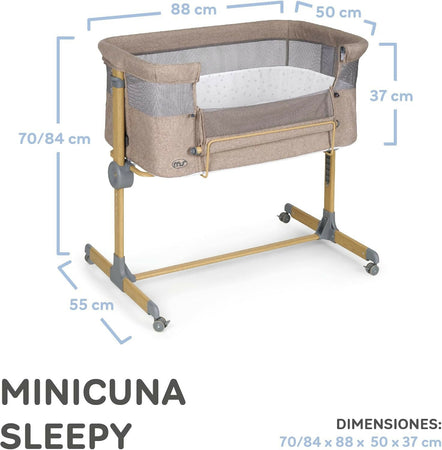 MS Sleepy - Culla Neonato Fianco Letto, Compatibile Con Diversi Letti, Altezza Regolabile, Inclinabile, Buona Circolazione Dell'Aria, Materasso E Borsa Inclusi, Zanzariera di serie inclusa, lacci inclusi, colore BEIGE con effetto legno
