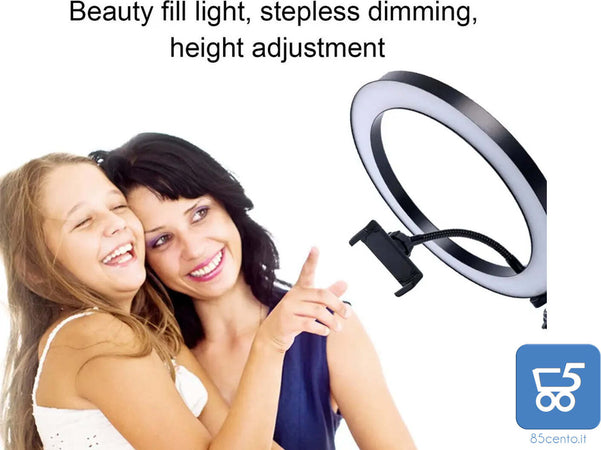 Luce ad Anello Ring Light con Mini Treppiede Supporto Smartphone Dimmerabile Diametro 20 cm USB