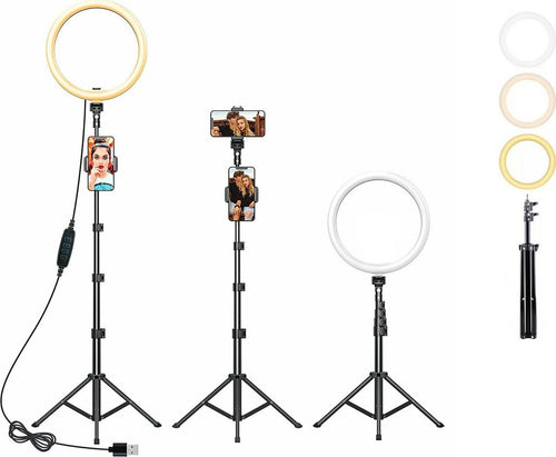 Luce Led ad anello con Treppiede Estensibile Regolabile con supporto Smartphone 3 Colori luce calda naturale fredda - Selfie Tik Tok Dirette Streaming