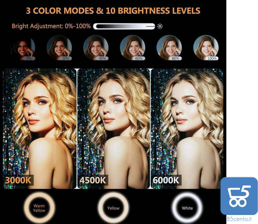 Luce Led ad anello con Treppiede Estensibile Regolabile con supporto Smartphone 3 Colori luce calda naturale fredda - Selfie Tik Tok Dirette Streaming