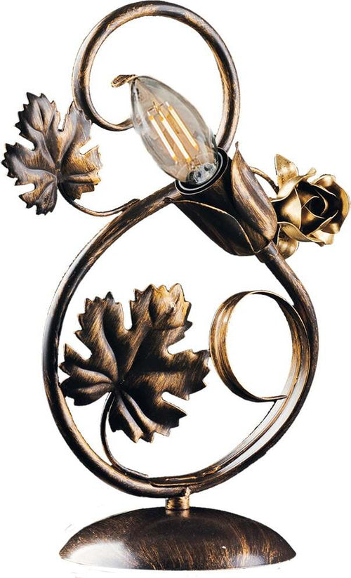 Lumetto-Iris-1-Luce-Arte-Povera-Con-Foglie-In-Ferro-Marrone-E-Oro