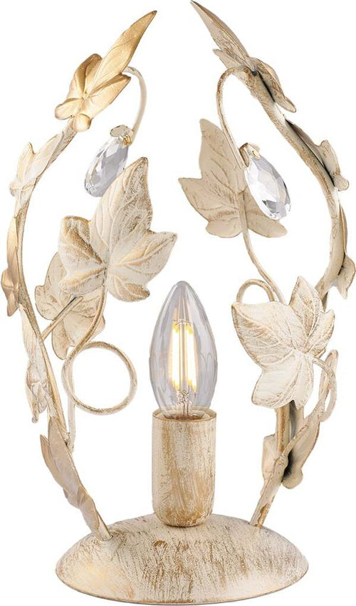 Lumetto-Shabby-Edera-1-Luce-Ferro-Battuto-Avorio-E-Oro-Con-Foglie-E-Cristalli