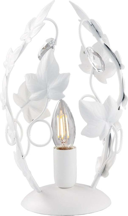 Lumetto-Shabby-Edera-1-Luce-Ferro-Battuto-Bianco-Con-Foglie-E-Cristalli