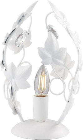 Lumetto-Shabby-Edera-1-Luce-Ferro-Battuto-Bianco-Con-Foglie-E-Cristalli