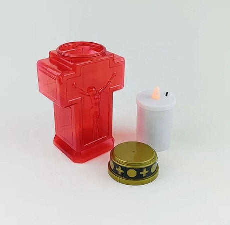LUMINO VOTIVO CIMITERIALE A LED EFFETTO FIAMMA CON BATTERIE 2AA E INTERRUTTORE