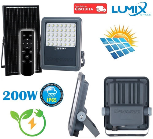 Faro proiettore luce LED da 200W con pannello solare per esterno con sensore crepuscolare e movimento