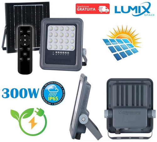 Faro proiettore luce LED da 300W con pannello solare per esterno con sensore crepuscolare e movimento