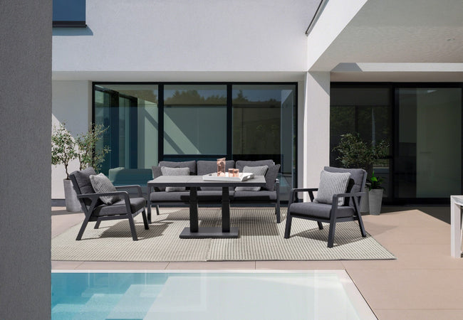Tavolino "Truman" con struttura in alluminio, con piano in ceramica, altezza regolabile