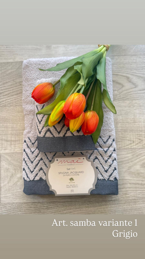 Set Asciugamani 1+1 Via Roma 60 Samba – Spugna di Cotone Jacquard 420 gr/m²