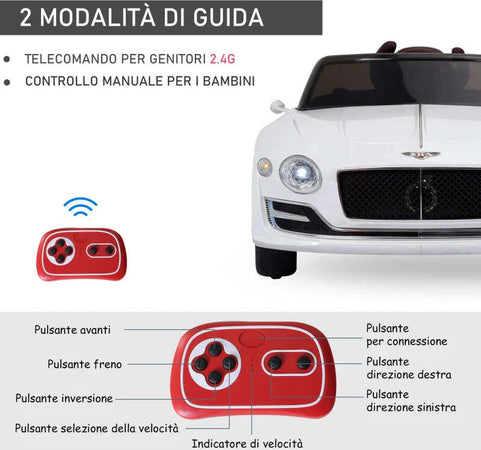 Macchina-Elettrica-per-Bambini-Bentley-con-2-Portiere-Guida-Manuale-e-Telecomando,-Fari-e-Suoni,-108x60x43cm,-Bianco-FG4370-045FG4