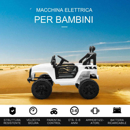 Macchina-Elettrica-per-Bambini-Jeep-Fuoristrada-con-Telecomando-e-2-Velocità,-100x65x72-cm,-Bianco-RF6370-142V91WTRF6