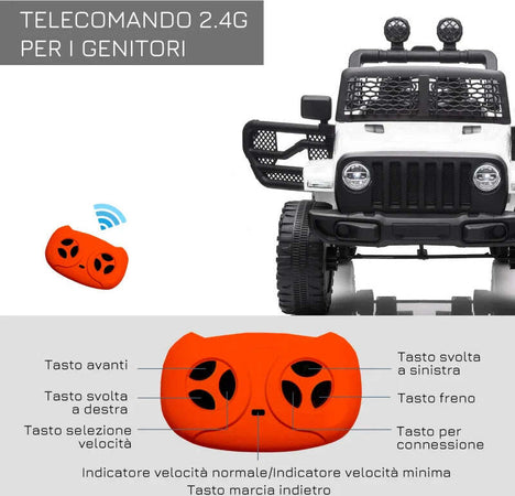 Macchina-Elettrica-per-Bambini-Jeep-Fuoristrada-con-Telecomando-e-2-Velocità,-100x65x72-cm,-Bianco-RF6370-142V91WTRF6