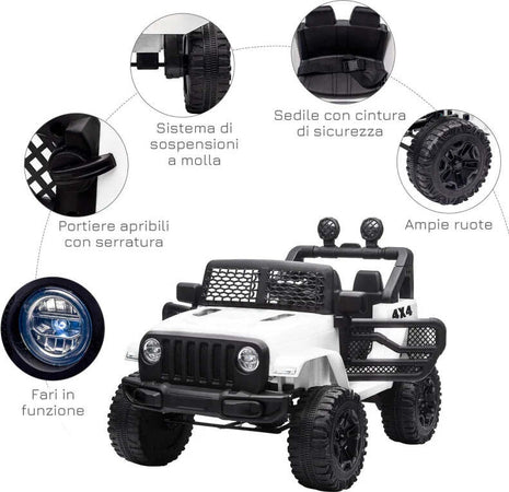 Macchina-Elettrica-per-Bambini-Jeep-Fuoristrada-con-Telecomando-e-2-Velocità,-100x65x72-cm,-Bianco-RF6370-142V91WTRF6