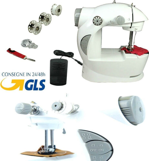 Macchina-per-cucire-cucitrice-MINI-4in1-portatile-da-viaggio-pedale-rocchetti
