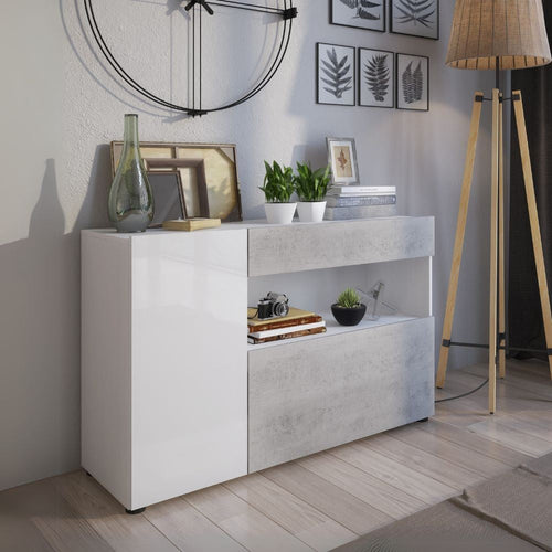 Madia Astra con un'anta e un'anta a ribalta un cassetto e un vano a giorno colore cemento e bianco larice