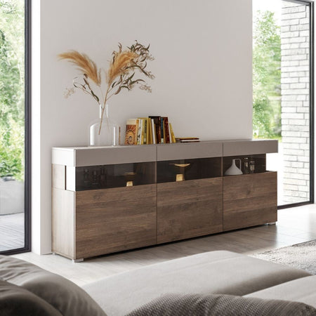 Madia Itaca con 3 ante e 3 vani a giorno con inserti in vetro colore noce eastwood e cashmere