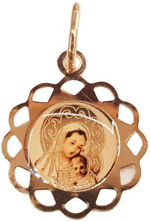 Madonna con Bambino in Oro Giallo 750/1000 Pendente Medaglia Rotonda Diametro 14mm Smalto a Caldo Colorato.