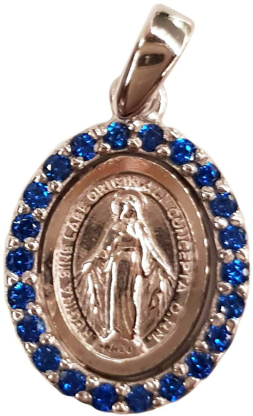 Madonna Miracolosa Medaglia Ovale Con Pietre Bianche Taglio Brillante E Zaffiri In Au 750/1000 Gioiello Religioso Made In Italy