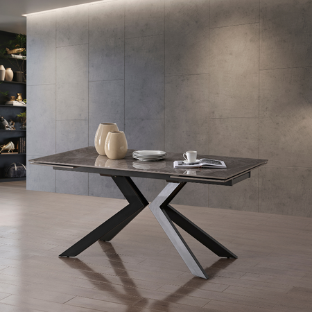 Tavolo "Pollux" con gambe in ferro e piano in pietra sinterizzata 160/240 x 110 x h 75 cm