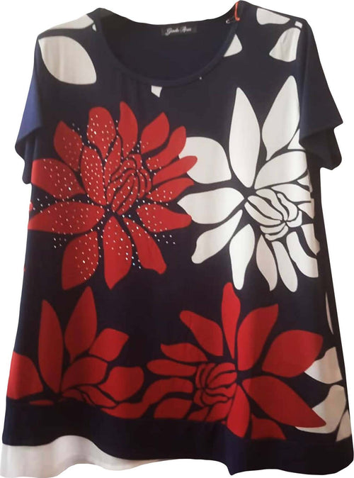 Maglia Donna Blu Rossa Bianca Fiori Made in Italy Maglietta Girocollo Mezze Maniche Over per Signora Top Giada Elegante Maniche Corte BlART. 731345 maglia donna L'Orchidea - Siderno, Commerciovirtuoso.it