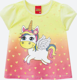 Maglia Estiva Bambina Gialla Stampa Unicorno T-shirt Bimba Mezze