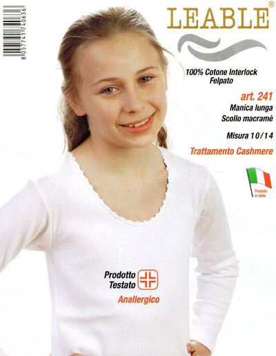 Maglia intima bimba Leable art. 237/241 manica lunga scollo macramè. 100% cotone Interlock Felpato. Confezione 3 capi.