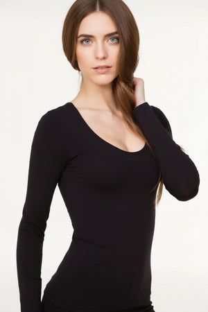 Maglia microfibra manchie lunghe Donna Scollo Americano BELLISSIMA Art. 072 Manica Lunga nera