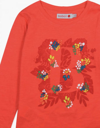 Maglietta Maniche Lunghe Girocollo Bambina Arancio Corallo Stampa B Floreale Maglia Estiva Bimba Leggera in Cotone Arancione Rossa t-shirt bambina/ragazza Piccole Canaglie - Tropea, Commerciovirtuoso.it