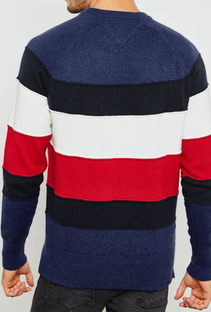 Maglione Uomo Tommy Hilfiger in Misto Cotone E Lana Fantasia a Righe Blu Nero Rosso Bianco Girocollo a Motivo Color Block Con Collo Polsini E Fondo a Coste Maglione Casual Vestibilità Regolare Moda/Uomo/Abbigliamento/Maglioni e cardigan/Maglioni Euforia - Bronte, Commerciovirtuoso.it