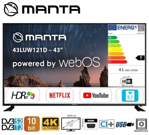 Televisore Smart 43 Pollici 4K MANTA 43LUW121D WebOS DVB-S2/T2/C H.265/HEVC 10 bit