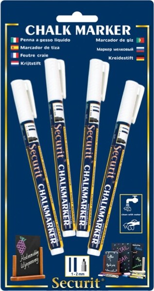 Marcatore a gesso liquido - punta fine da 1 00-2 00 mm - bianco - Securit - conf. 4 pezzi Cancelleria e prodotti per ufficio/Penne matite scrittura e correzione/Marcatori ed evidenziatori/Pennarelli indelebili e marcatori Eurocartuccia - Pavullo, Commerciovirtuoso.it