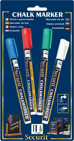 Marcatore a gesso liquido - punta fine da 1 00-2 00mm - colore assortiti base - Securit - conf. 4 pezzi Cancelleria e prodotti per ufficio/Penne matite scrittura e correzione/Marcatori ed evidenziatori/Pennarelli indelebili e marcatori Eurocartuccia - Pavullo, Commerciovirtuoso.it