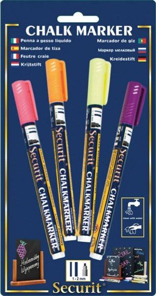Marcatore a gesso liquido - punta fine da 1 00-2 00mm - colore assortiti tropical - Securit - conf. 4 pezzi Cancelleria e prodotti per ufficio/Penne matite scrittura e correzione/Marcatori ed evidenziatori/Pennarelli indelebili e marcatori Eurocartuccia - Pavullo, Commerciovirtuoso.it
